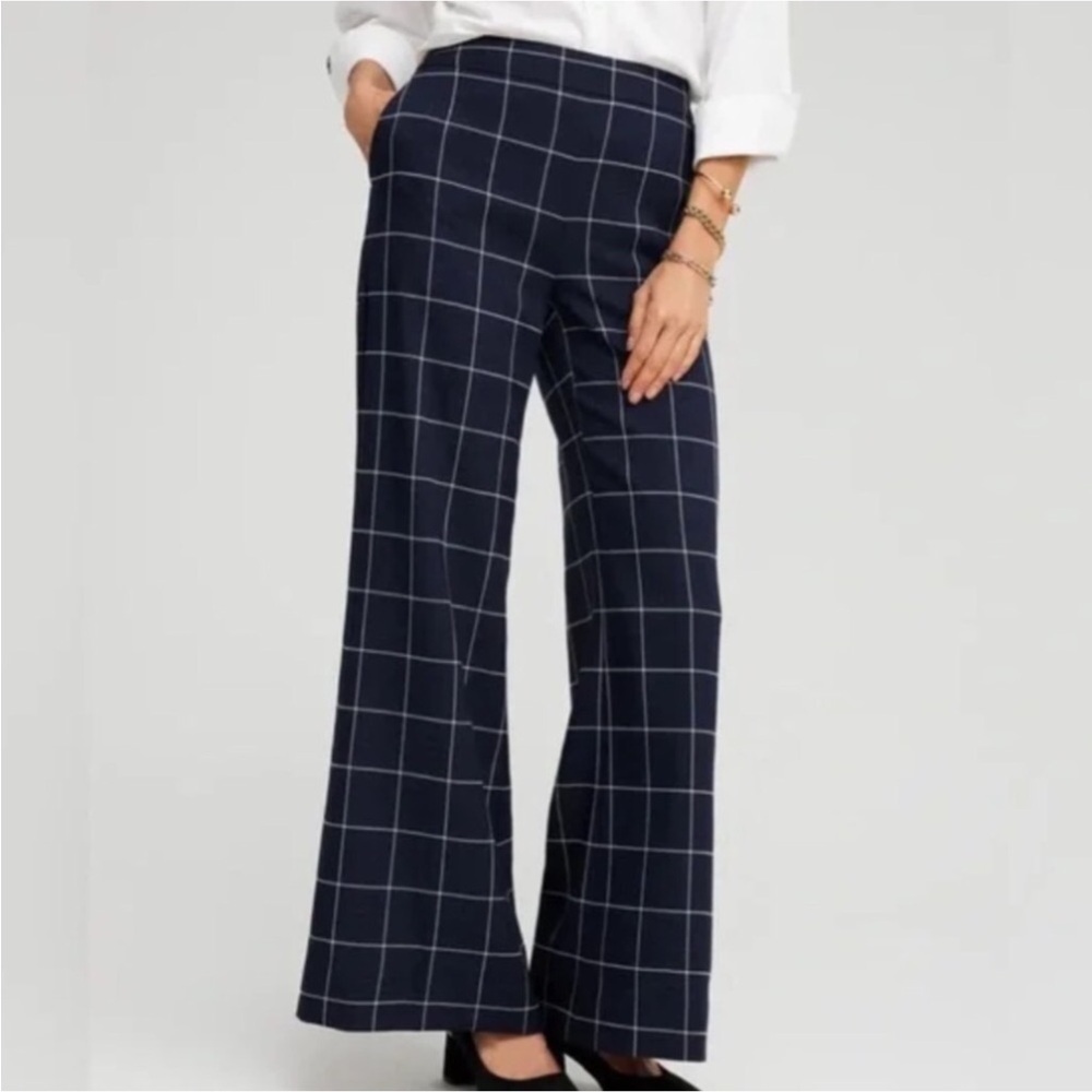 Chicos Sz 3.5R US 18R Navy Windowpane Print Pull On Jacquard Flare Trousers NWOT